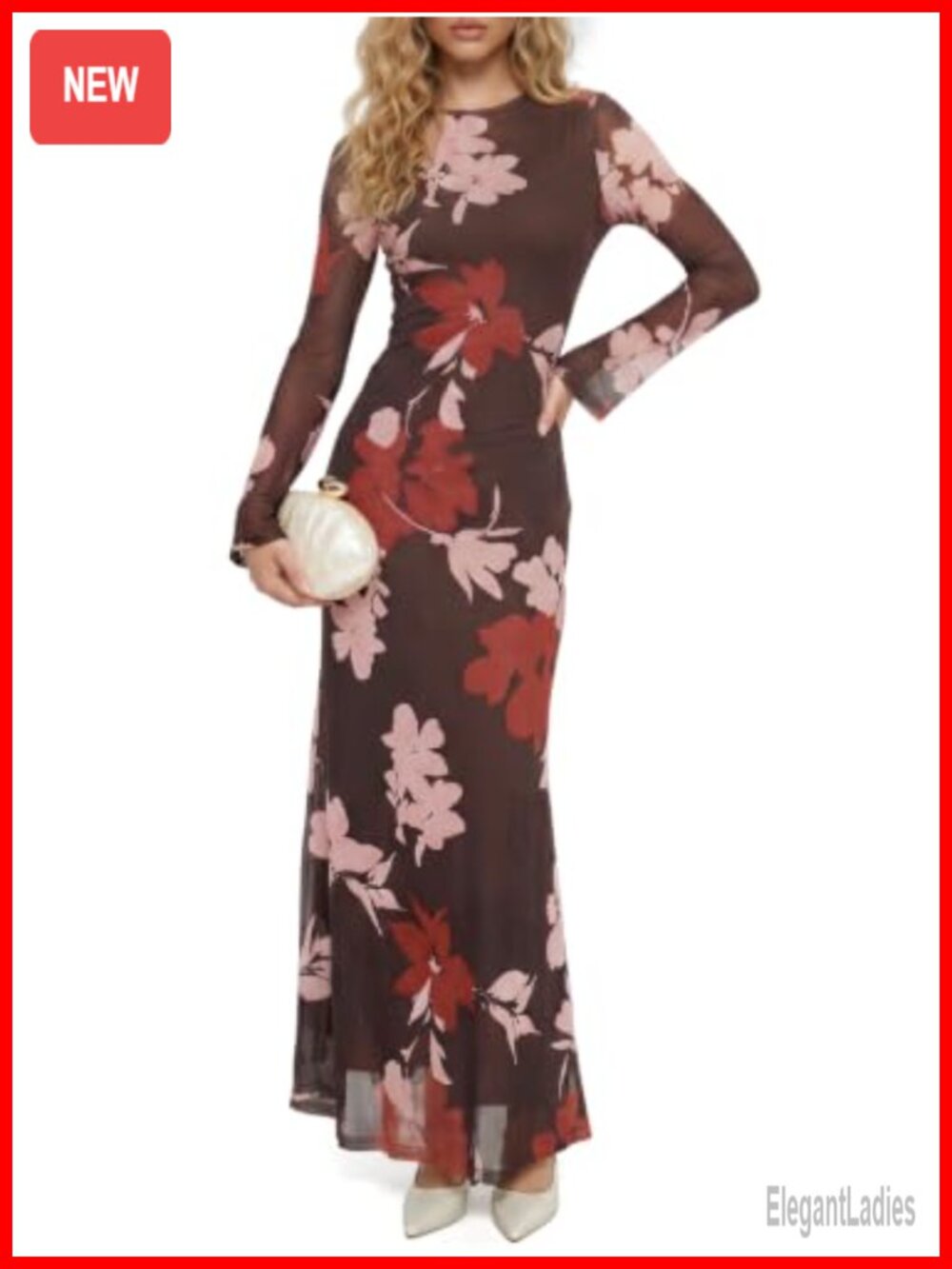 Womens Long Sleeve Maxi Dress Floral Mesh Bodycon Wedding Guest Cocktail